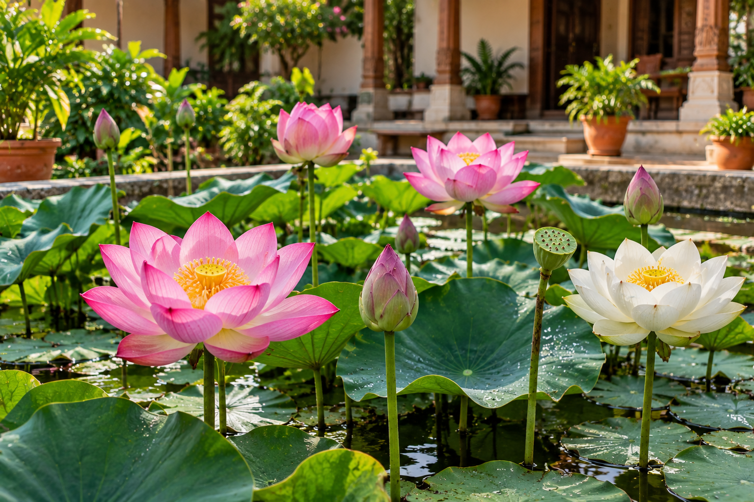 Sacred lotus Kamal flowers growing in a traditional Indian home courtyard pond with pink and white blooms