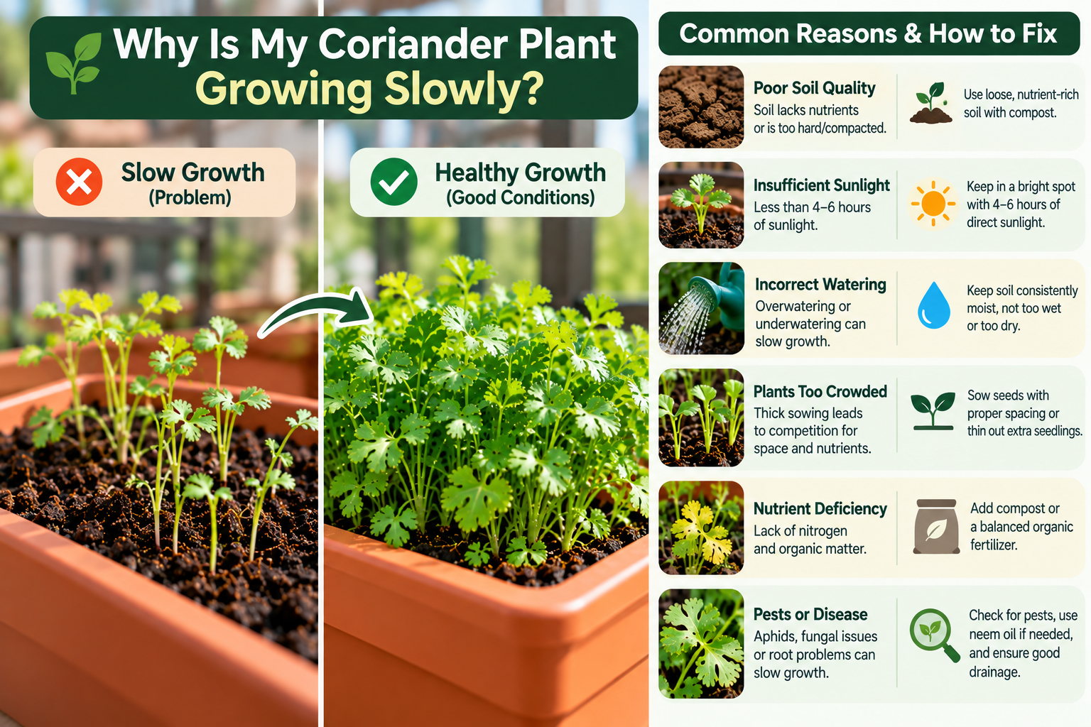 Slow-growing coriander plants compared with healthy growth showing common causes