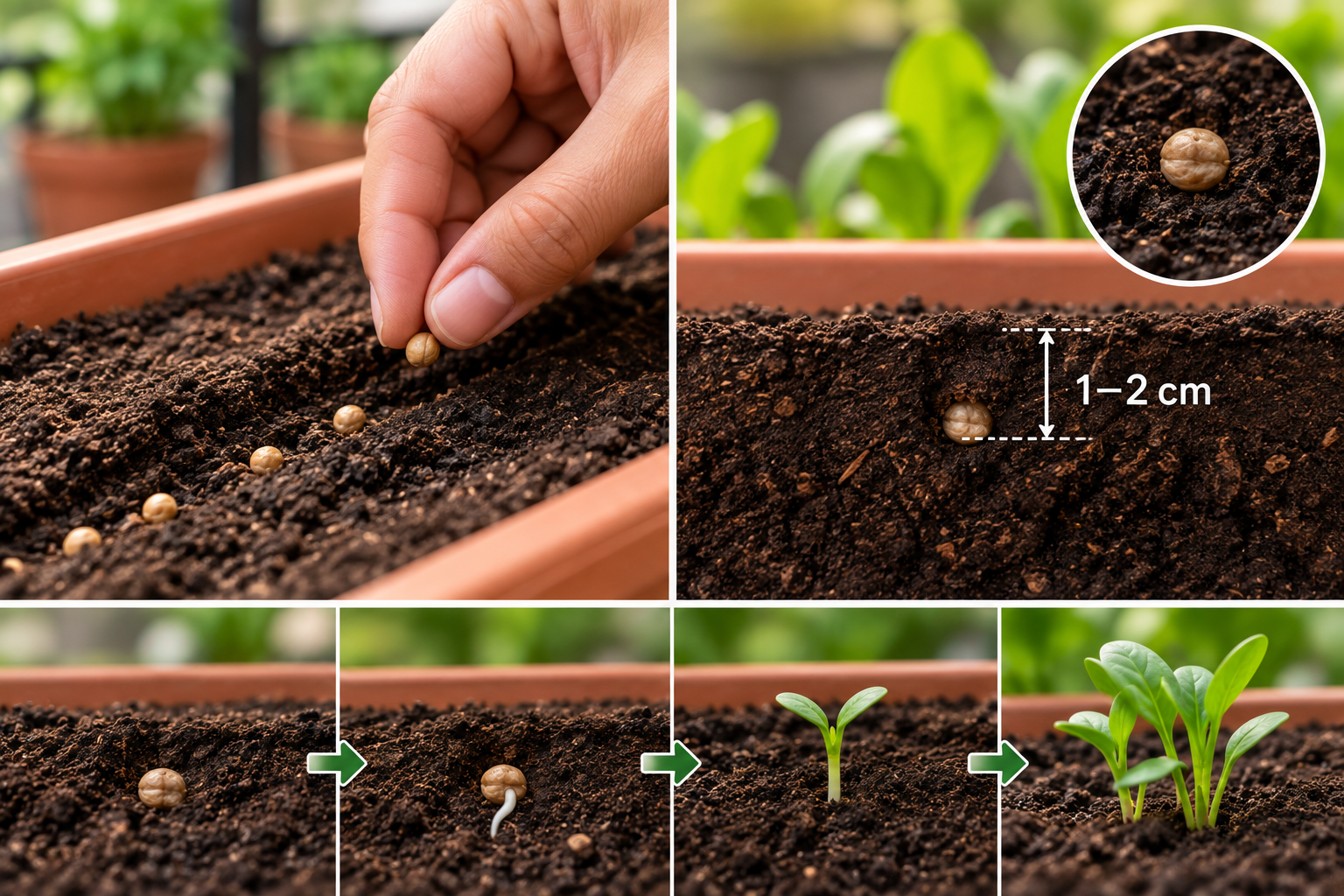 Spinach seeds sown 1 to 2 cm deep in soil with germination stages from seed to young palak seedlings