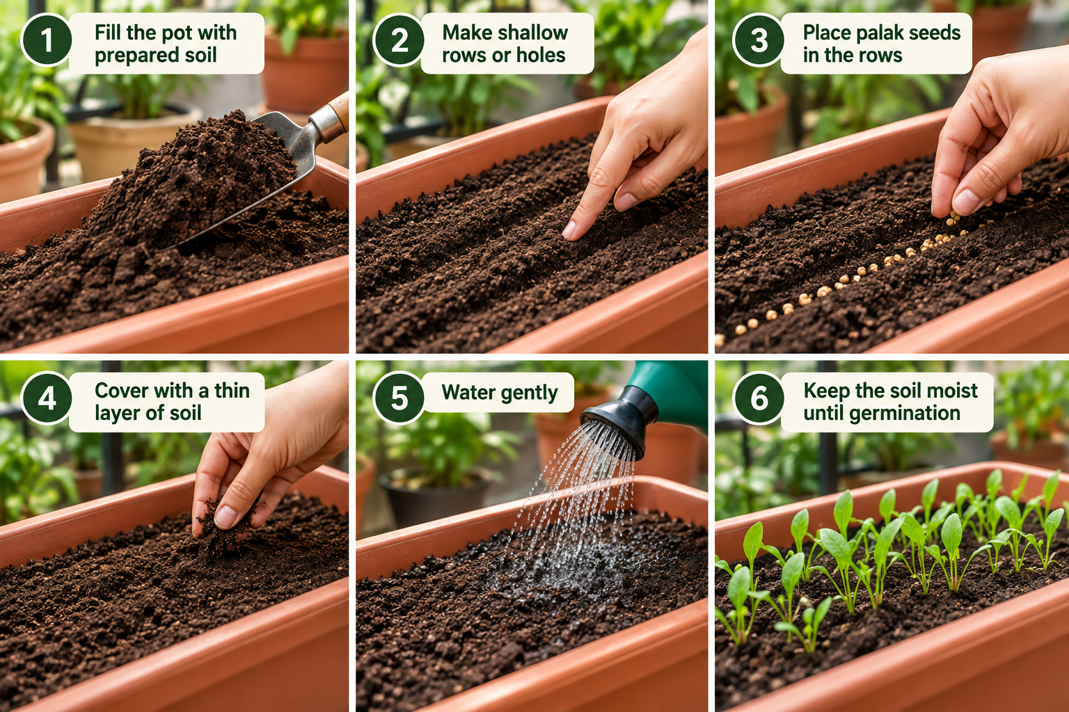 Step-by-step guide to sow palak seeds in a pot including filling soil, making rows, placing seeds, covering, watering and germination