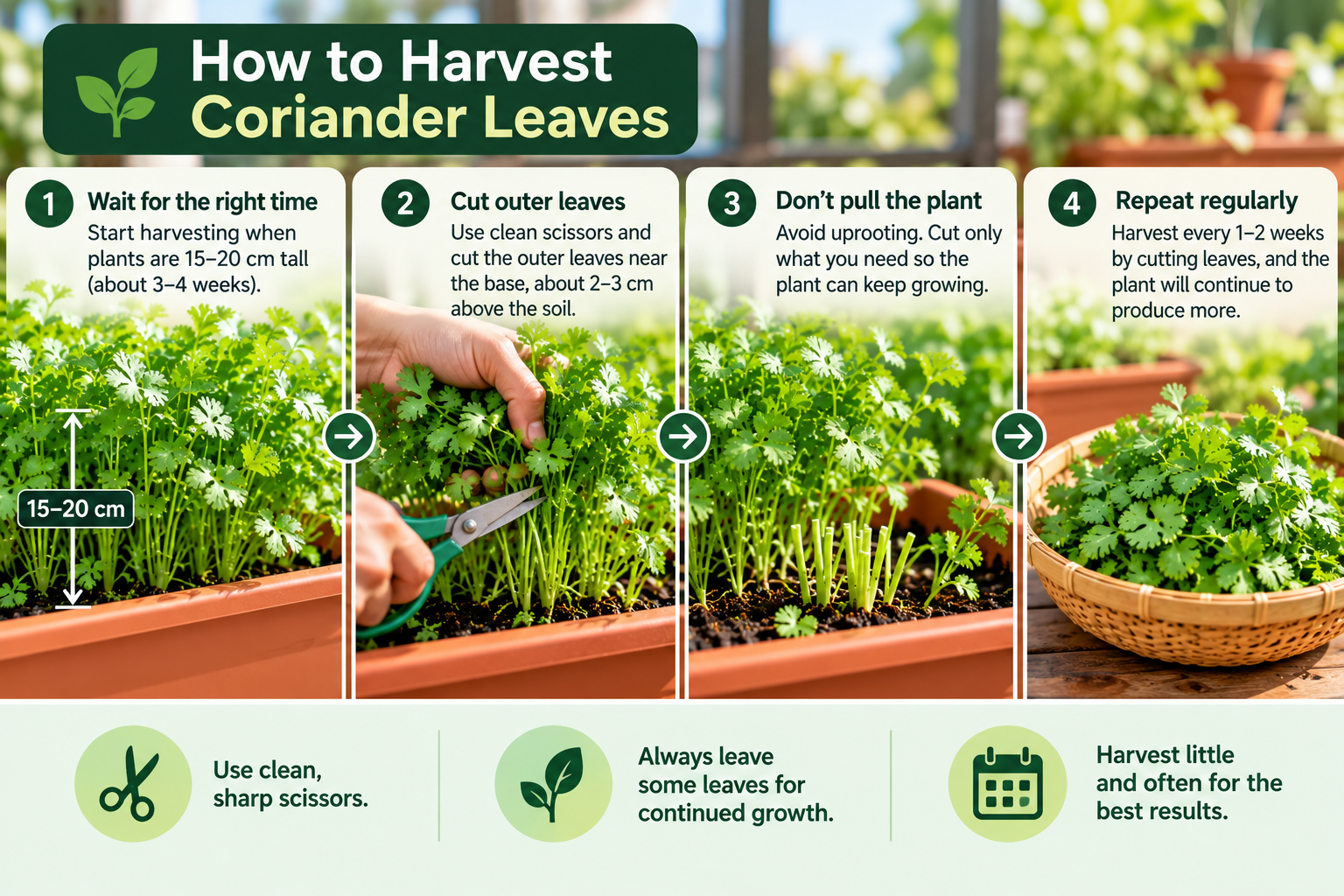 Step-by-step harvesting coriander leaves with clean scissors while leaving enough growth for regrowth