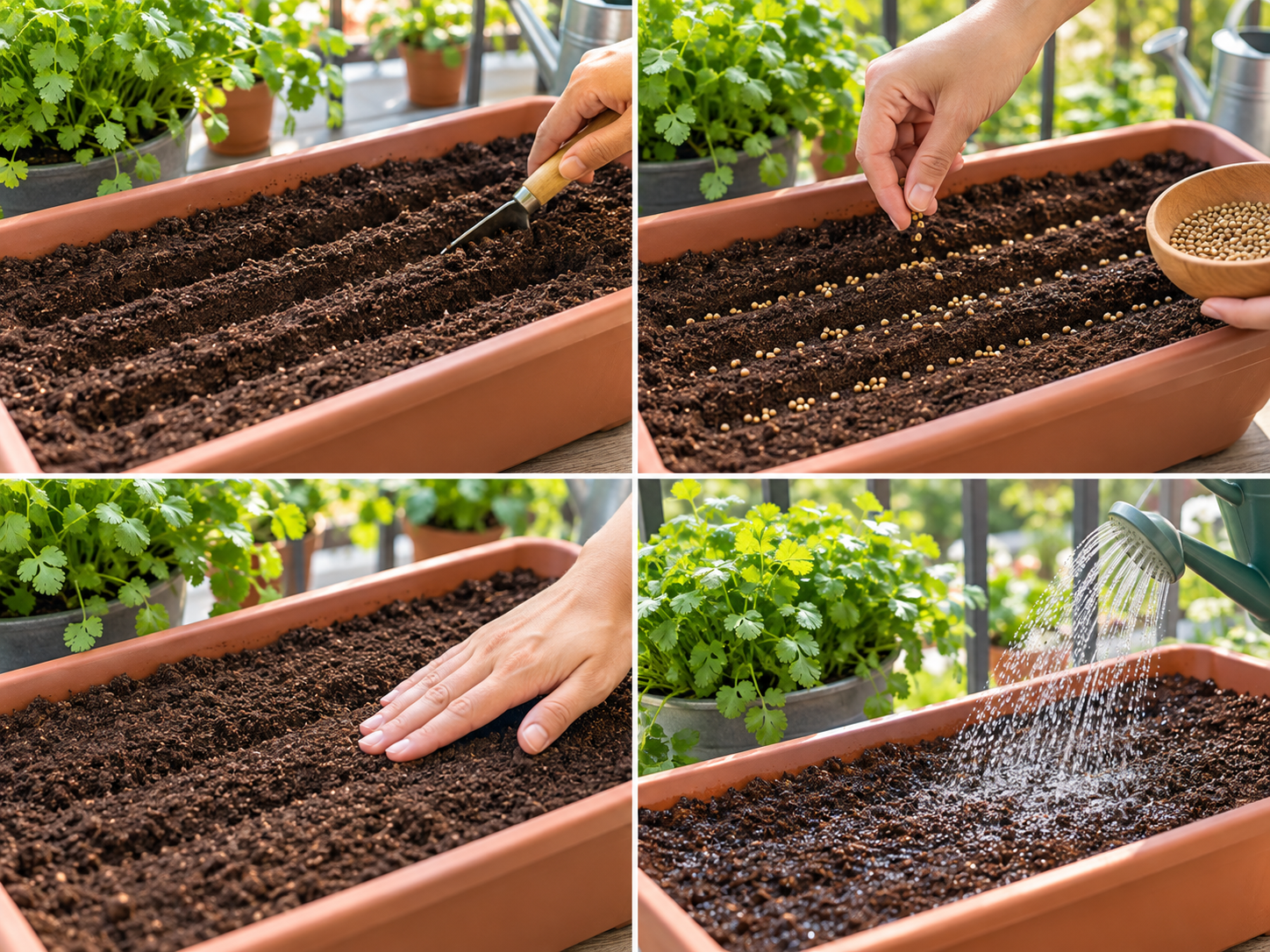 Step-by-step sowing coriander seeds in a planter by making shallow rows, placing seeds, covering with soil and watering gently