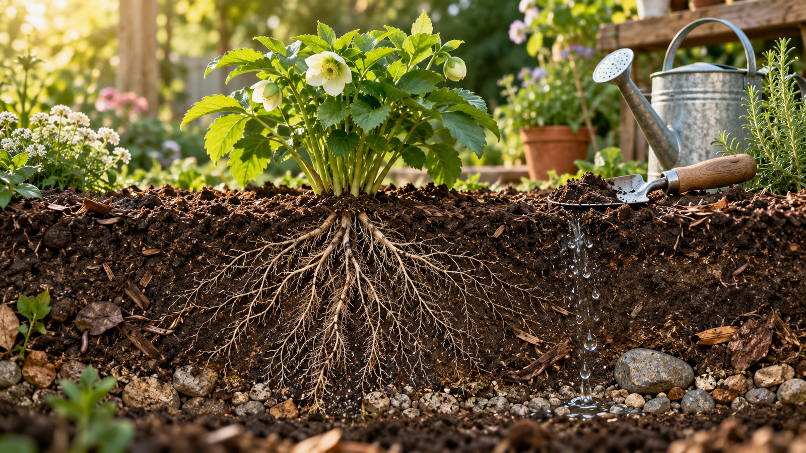 Healthy plant roots in rich garden soil