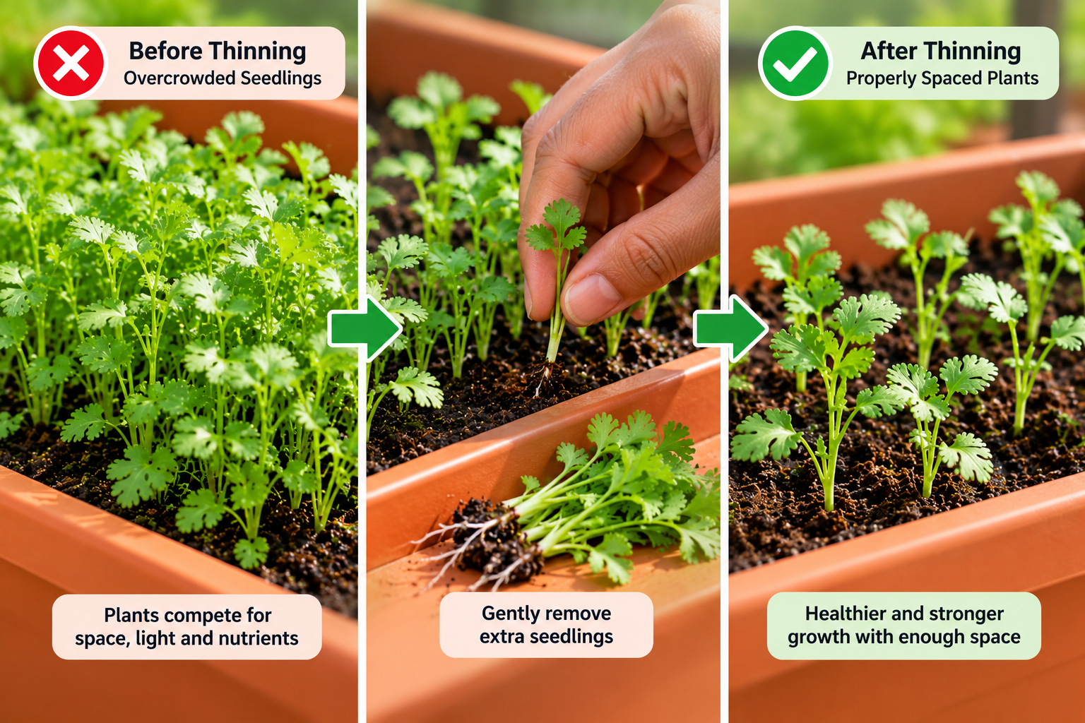 Thinning overcrowded coriander seedlings by removing extra plants to improve spacing, sunlight, airflow and healthy growth