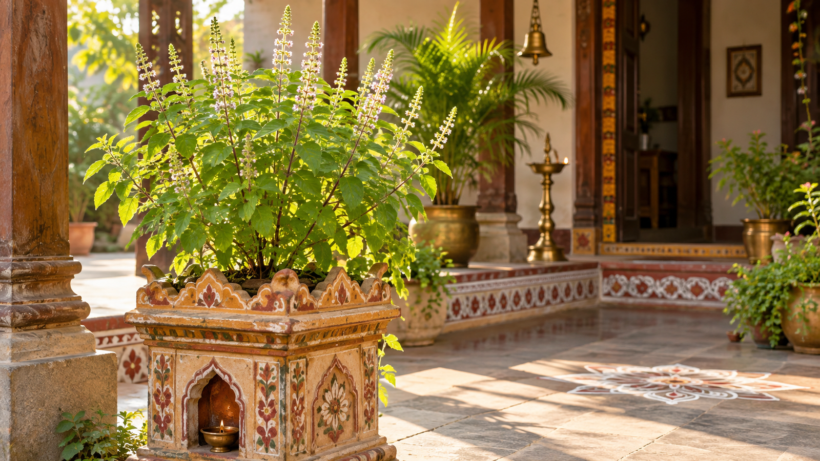 Tulsi plant growing in a traditional Indian courtyard planter with green leaves and flowering spikes in warm sunlight