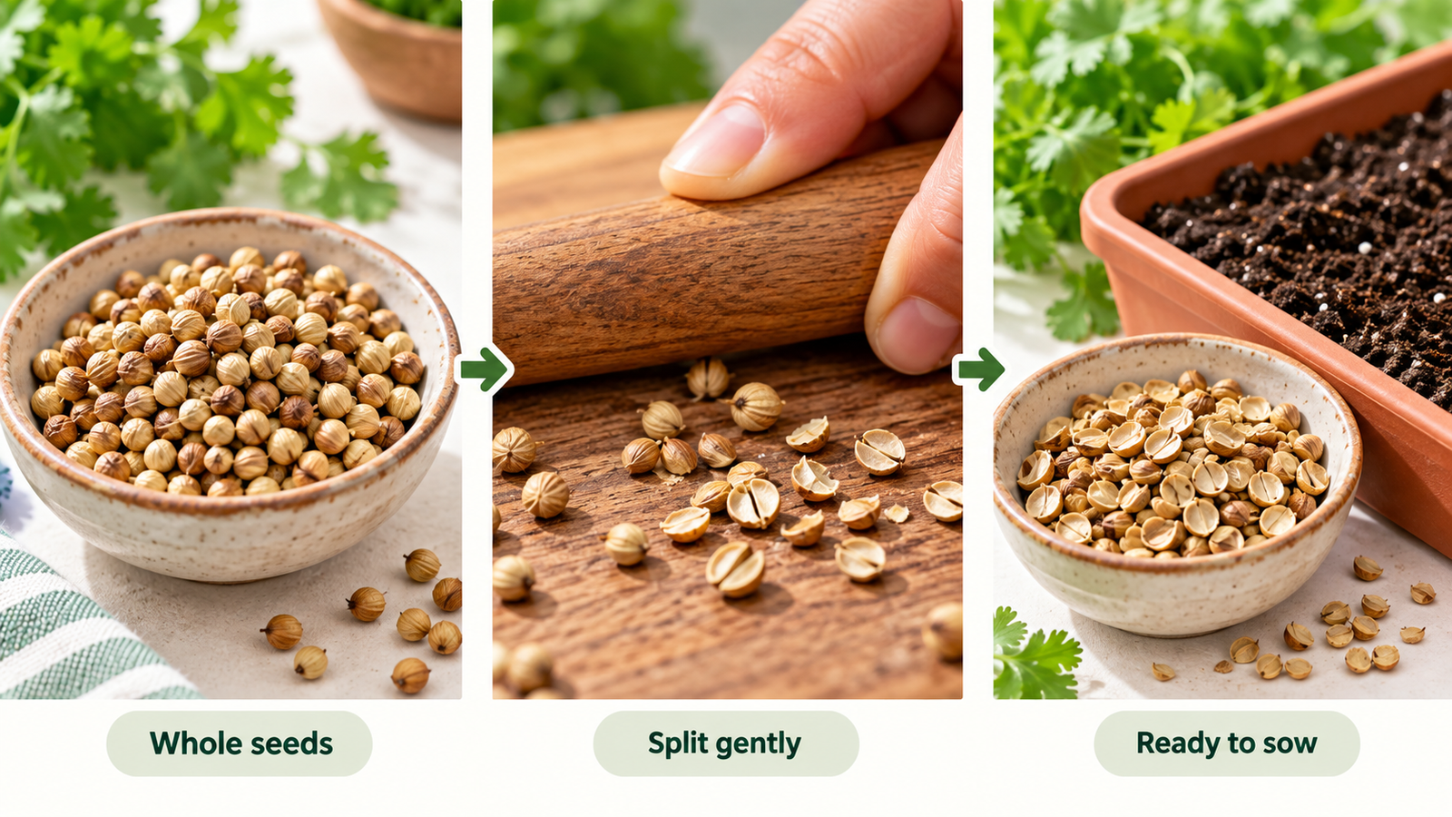 Whole coriander seeds, gently split coriander seeds and ready-to-sow seed halves shown step by step for home gardening