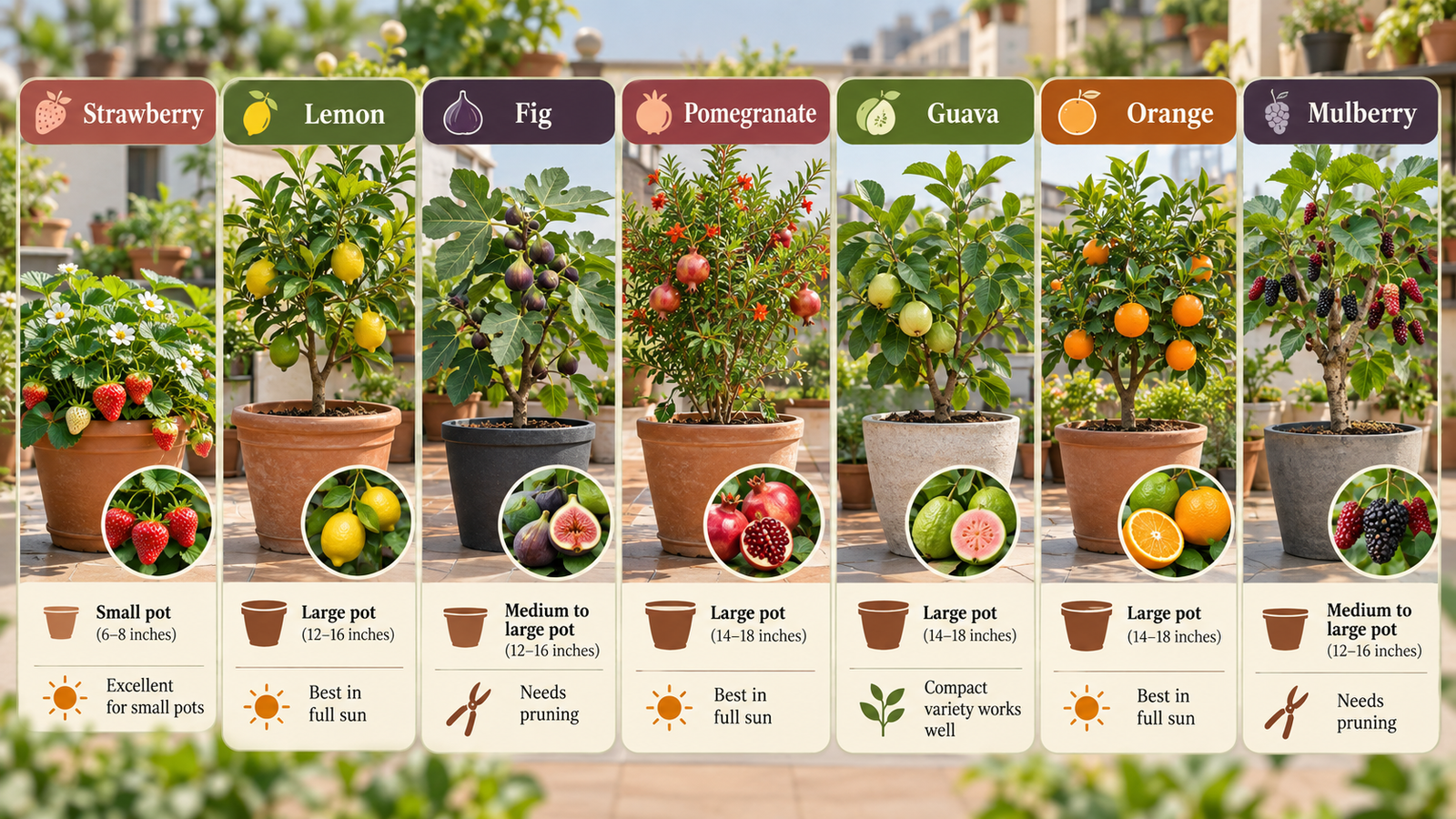 Winter fruit plants growing in pots on a sunny terrace garden, including strawberry, lemon, pomegranate, fig, guava, orange and mulberry