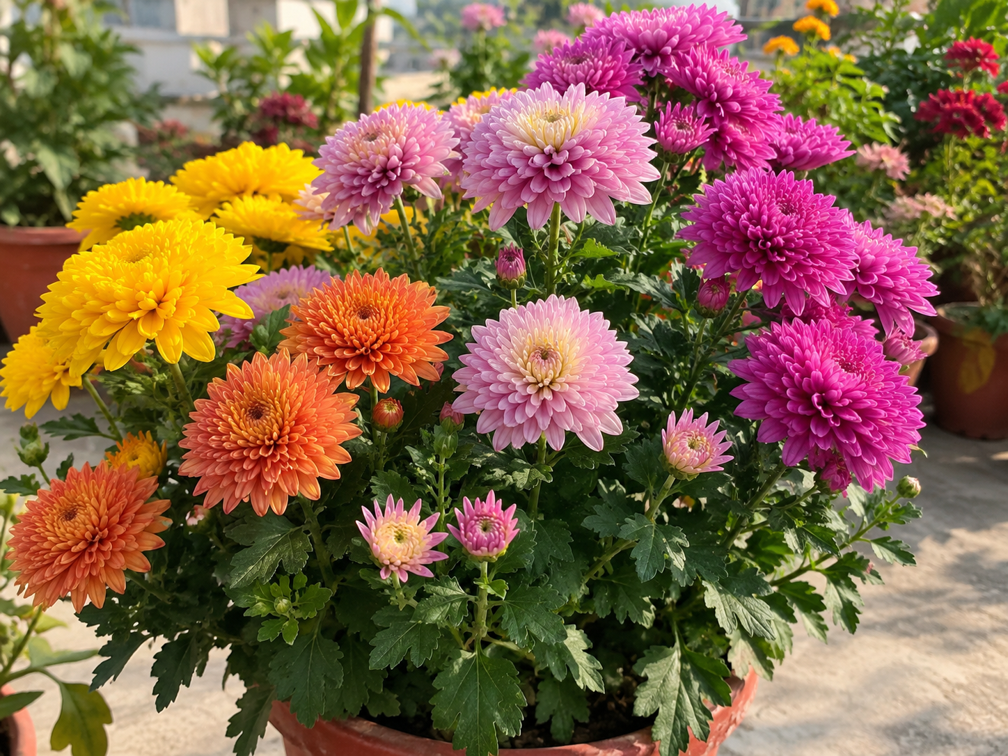 Yellow orange pink and purple Chrysanthemum flowers blooming in a pot during the winter season in an Indian home garden