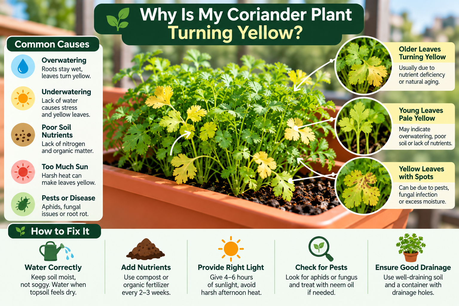 Yellowing coriander leaves caused by overwatering, underwatering, poor nutrients, excess sun, pests or disease