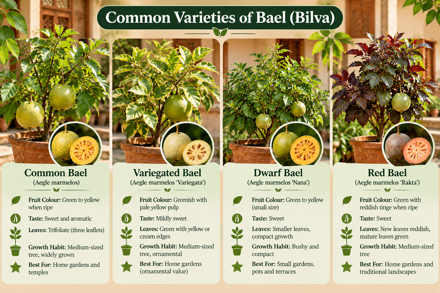 Common Bael or Bilva varieties with different fruit, leaf and growth characteristics