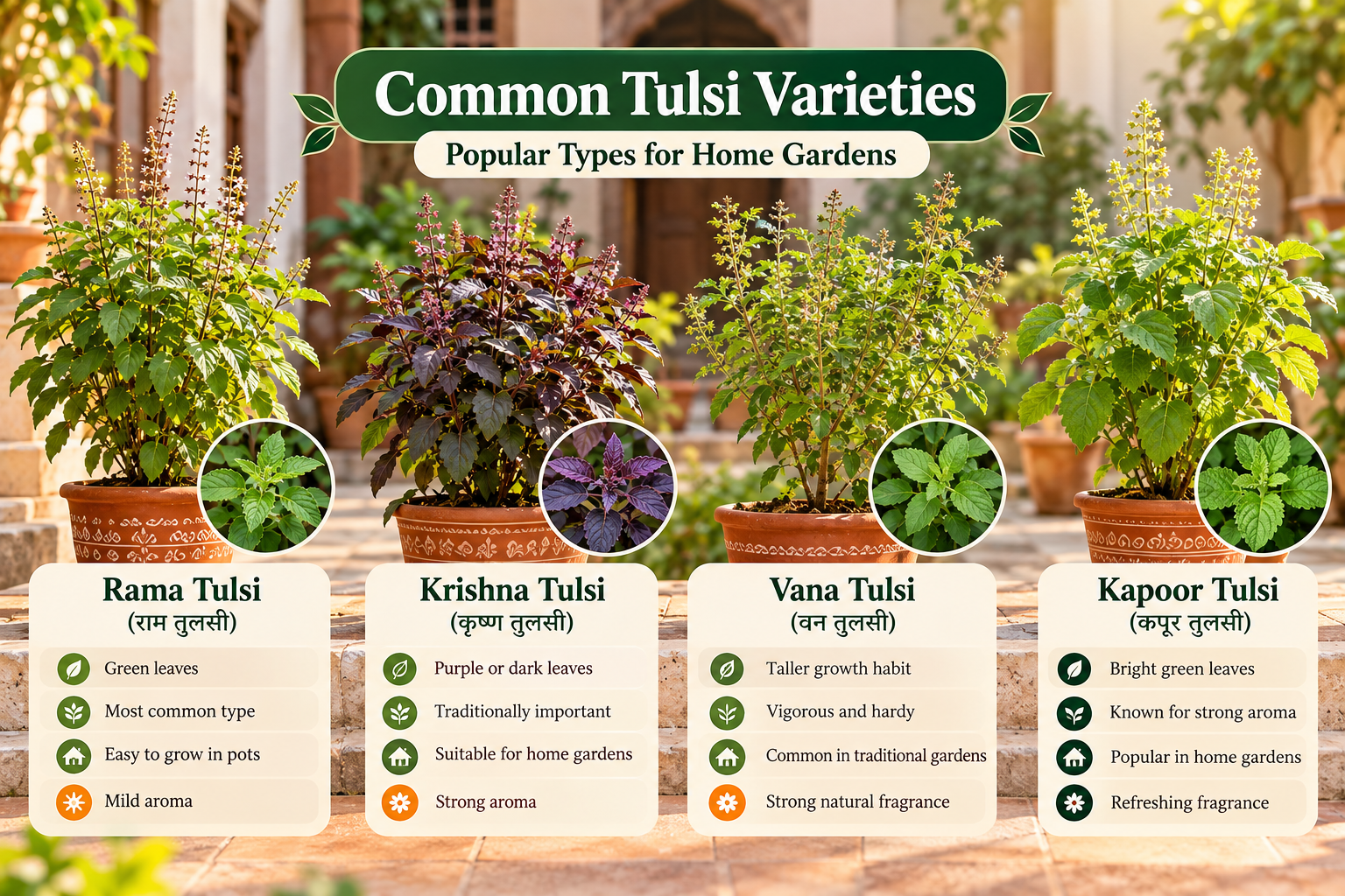 Common Tulsi varieties for home gardens including Rama Tulsi, Krishna Tulsi, Vana Tulsi and Kapoor Tulsi