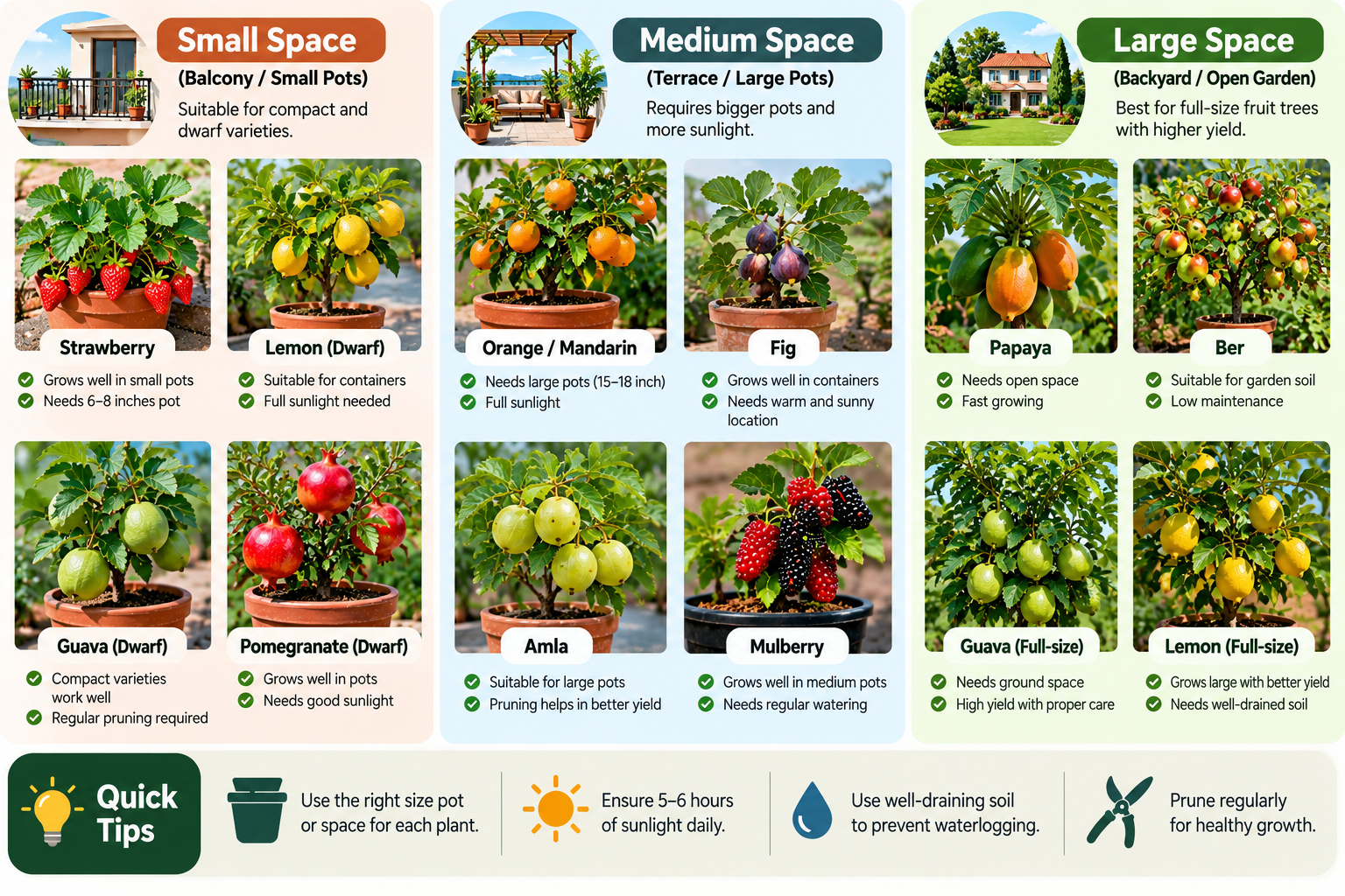 Infographic showing winter fruits grouped by gardening space, including fruits for small balconies, medium terraces and larger garden areas with simple growing tips