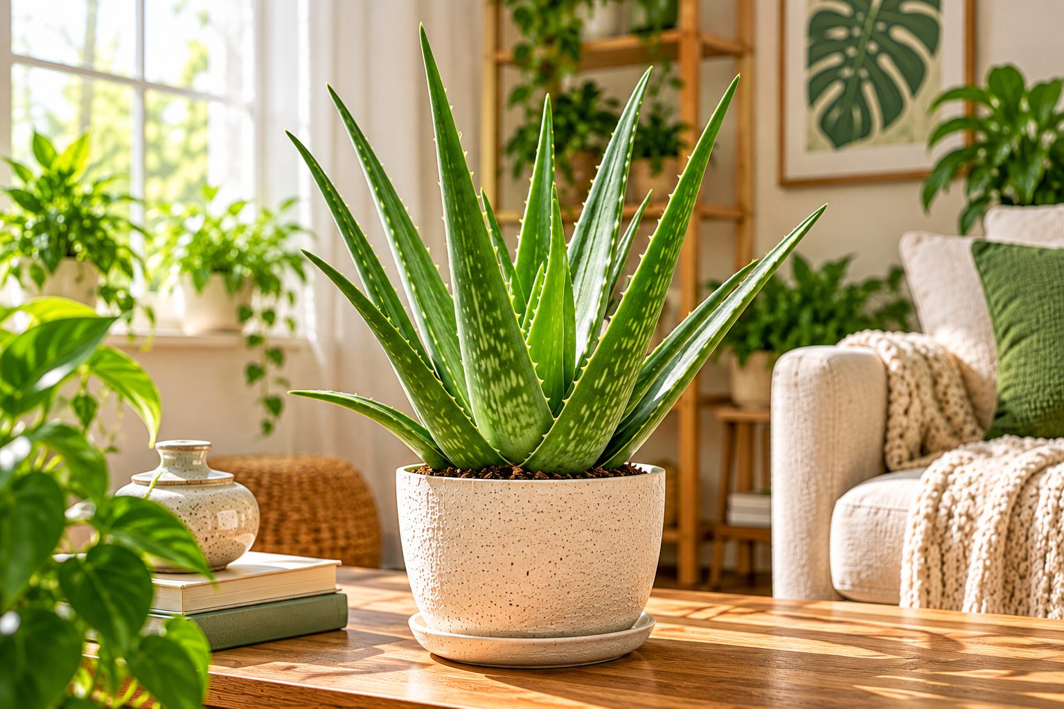 Aloe vera succulent with thick pointed green leaves in a cream planter