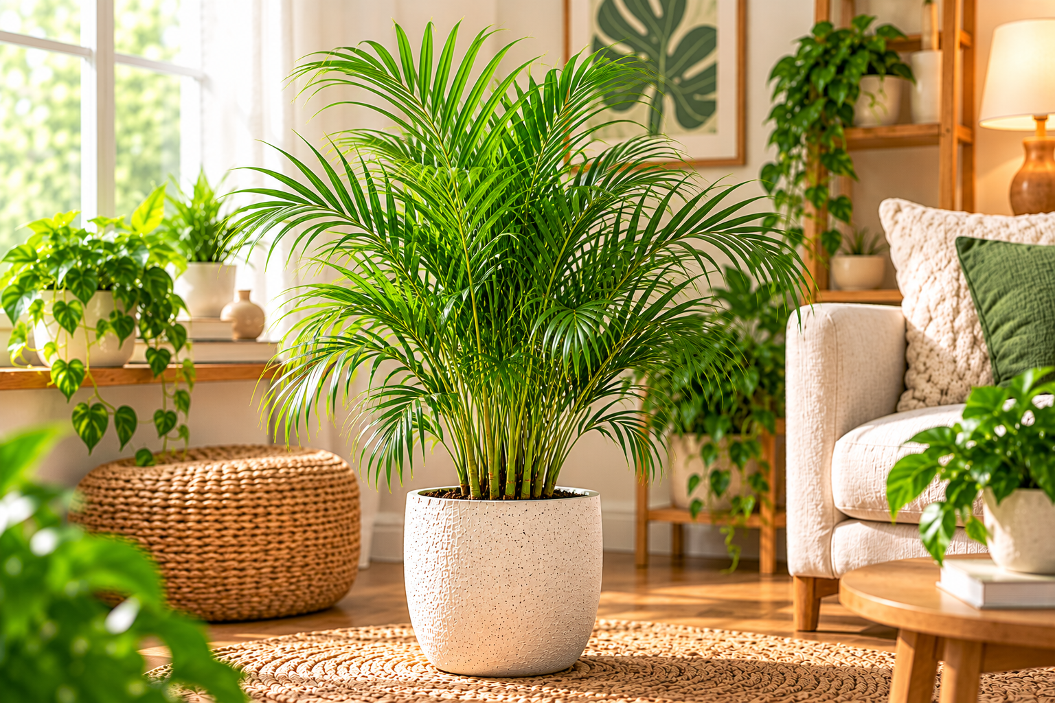 Areca palm with feathery green fronds growing in a large cream planter