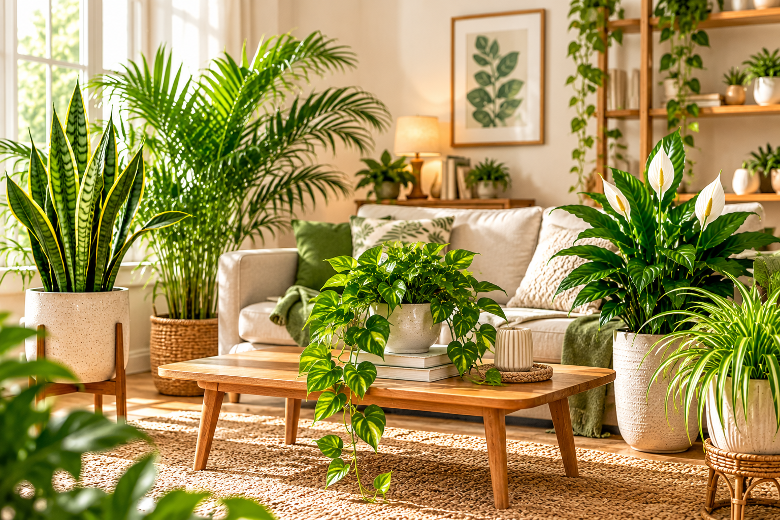 Indoor plants including a rubber plant, areca palm and peace lily decorating a bright living room
