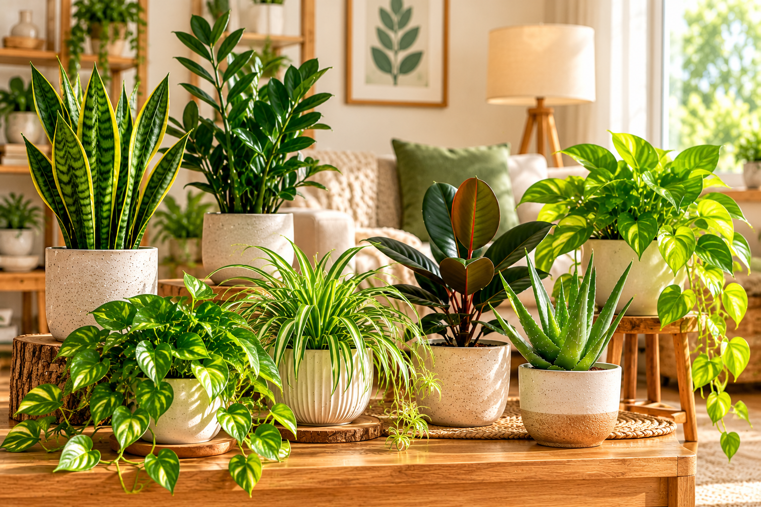 Easy-care indoor plants including snake plant, pothos and aloe vera in decorative pots