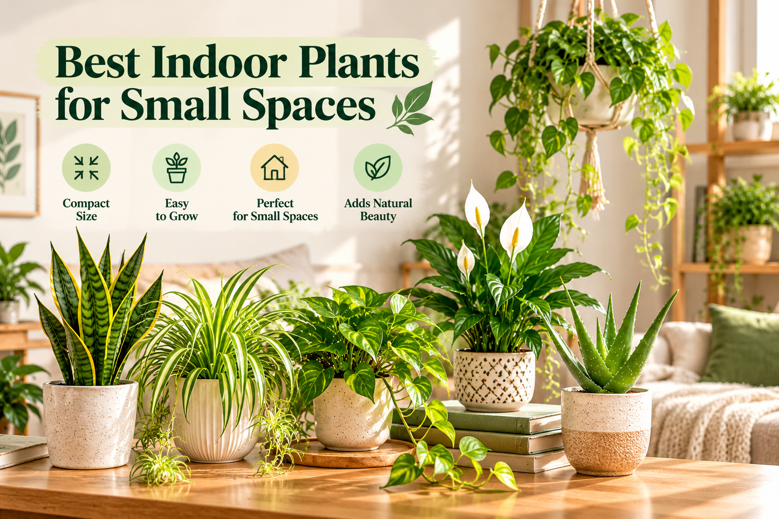 Compact indoor plants in small decorative pots arranged on shelves and a windowsill