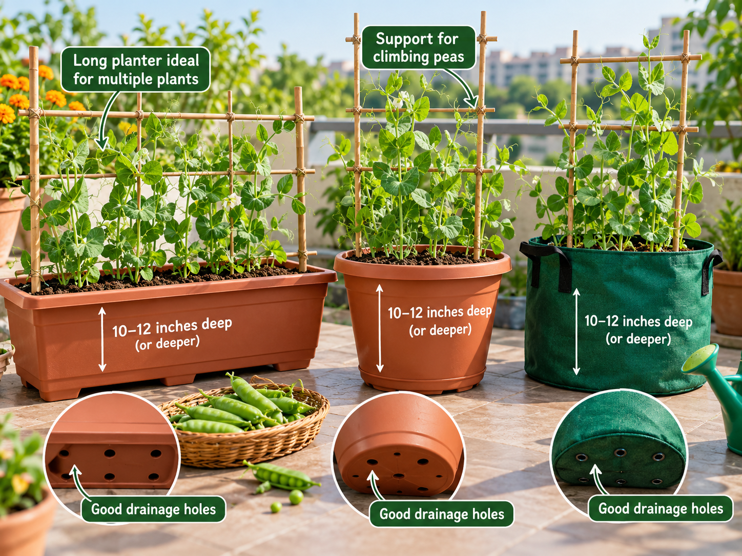 Best pot size and depth for growing peas at home in India