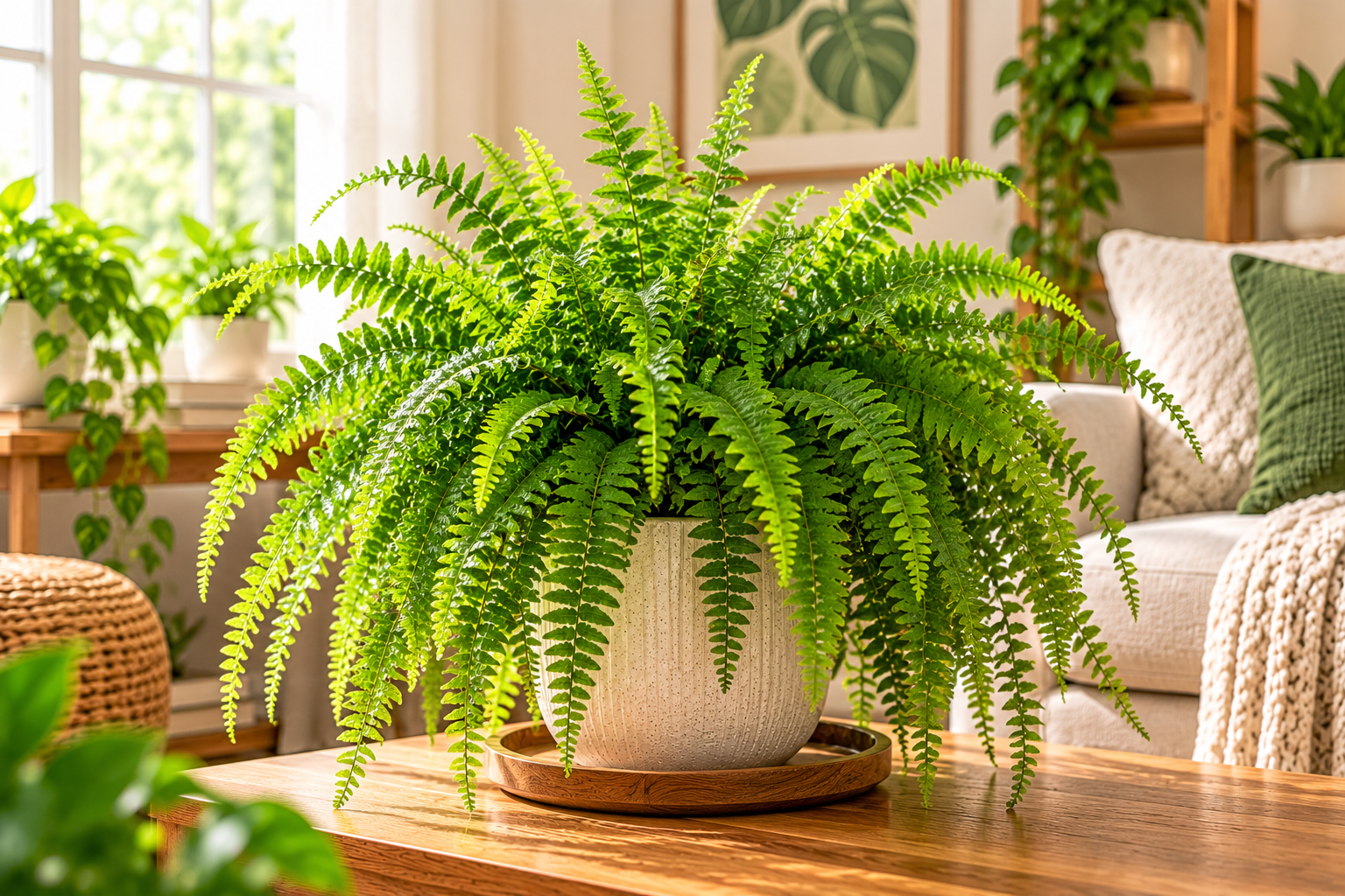 Boston fern with soft, feathery green fronds in a decorative ceramic planter