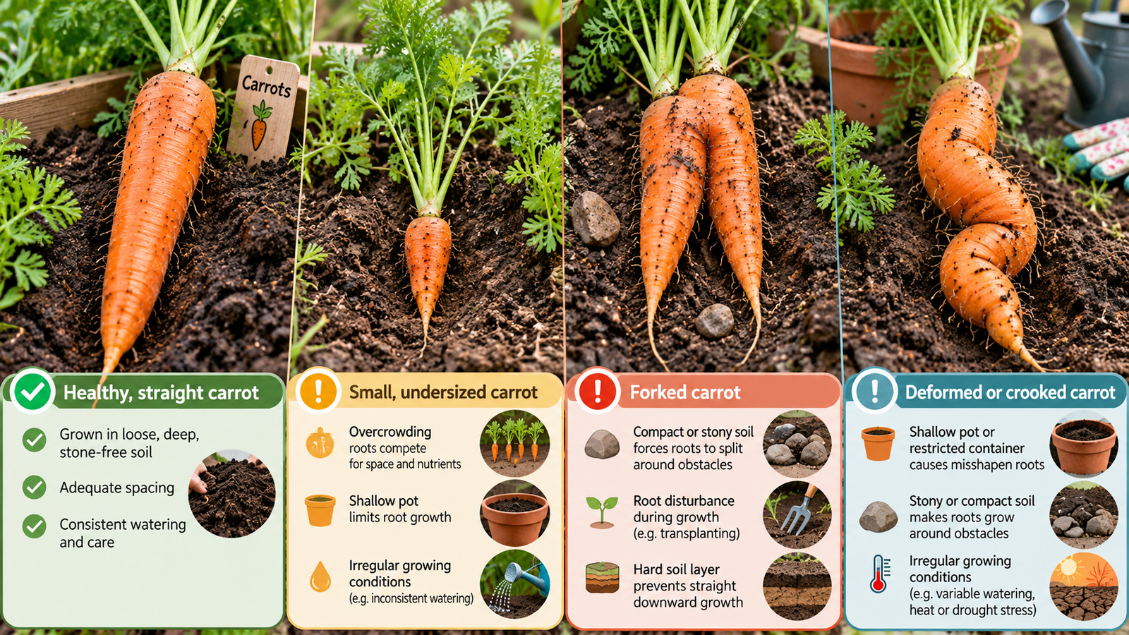 Common carrot growing problems including small forked deformed and split roots