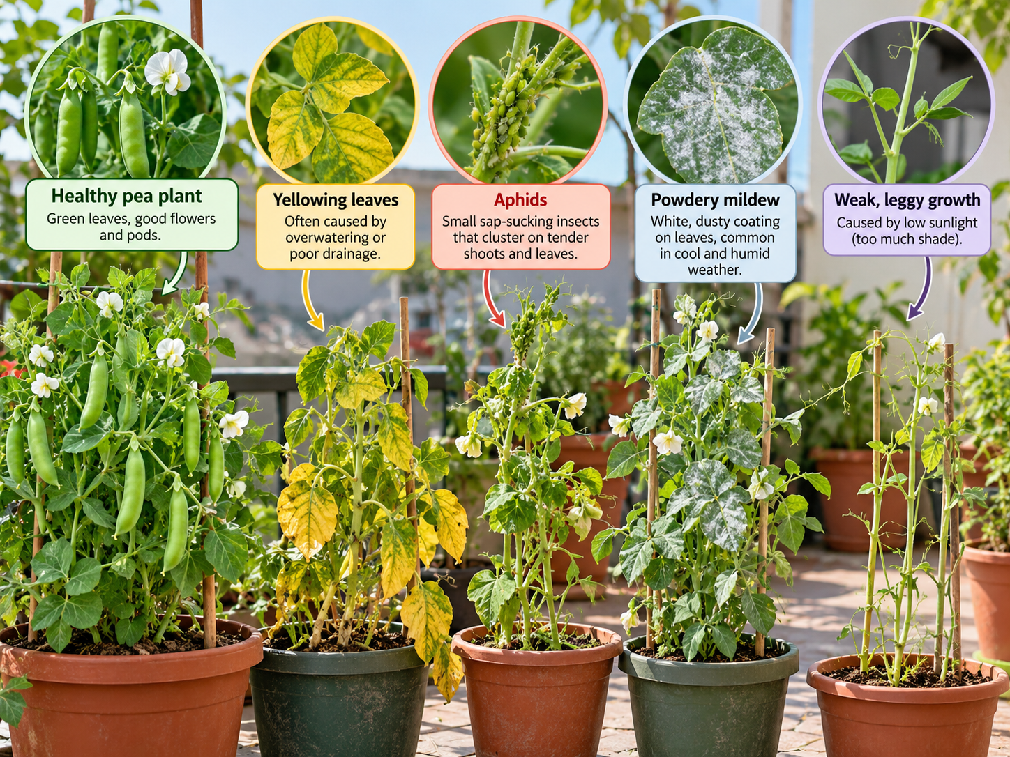 Common pea plant problems including yellow leaves aphids and powdery mildew