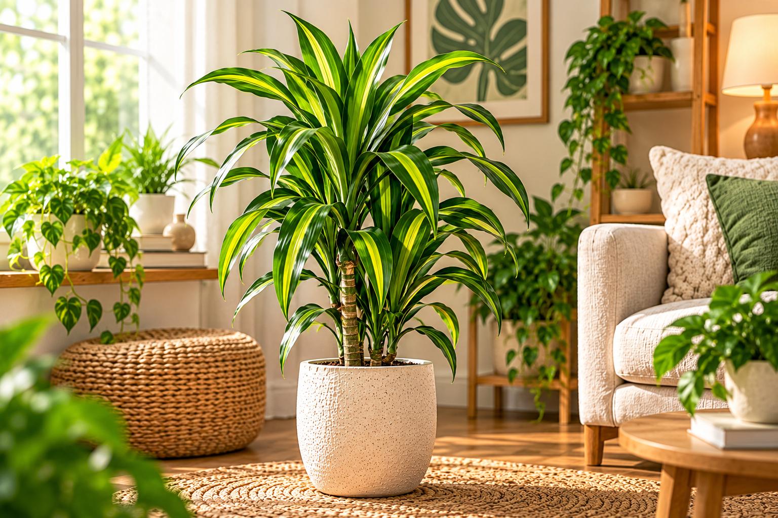 Dracaena plant with long green and yellow striped leaves in a decorative indoor pot