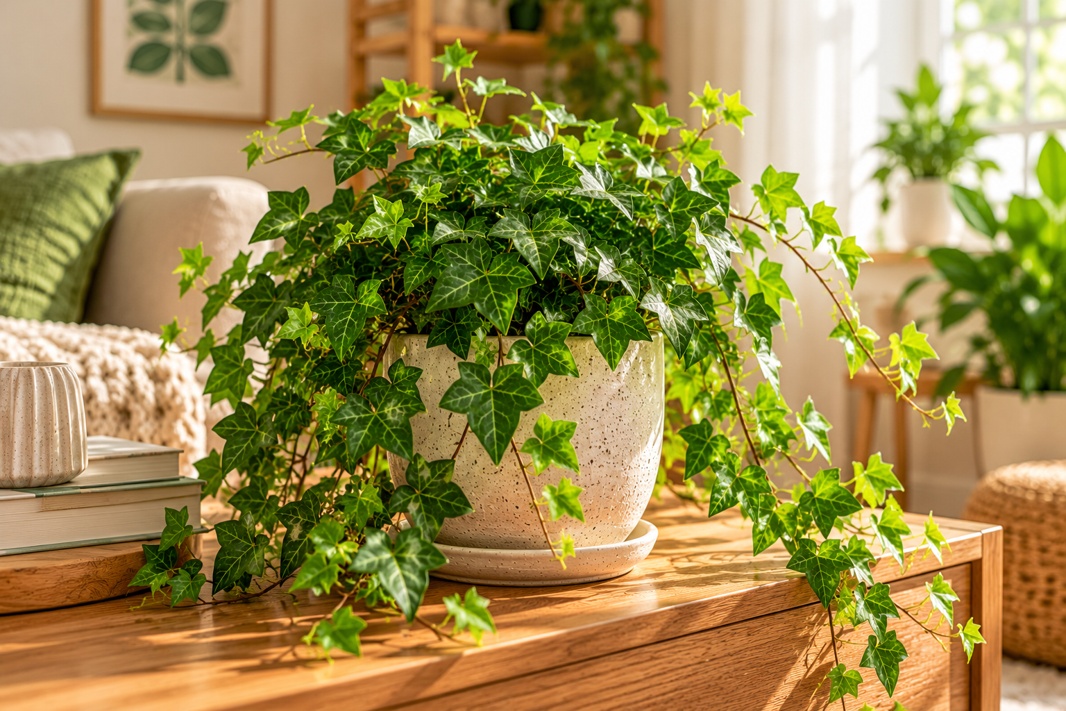 English ivy with lobed green leaves and trailing vines in a cream ceramic pot