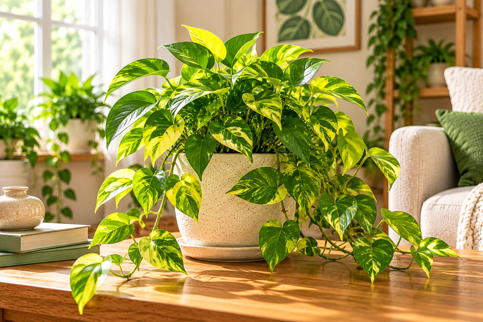 Golden pothos with heart-shaped green and yellow leaves trailing from a cream pot