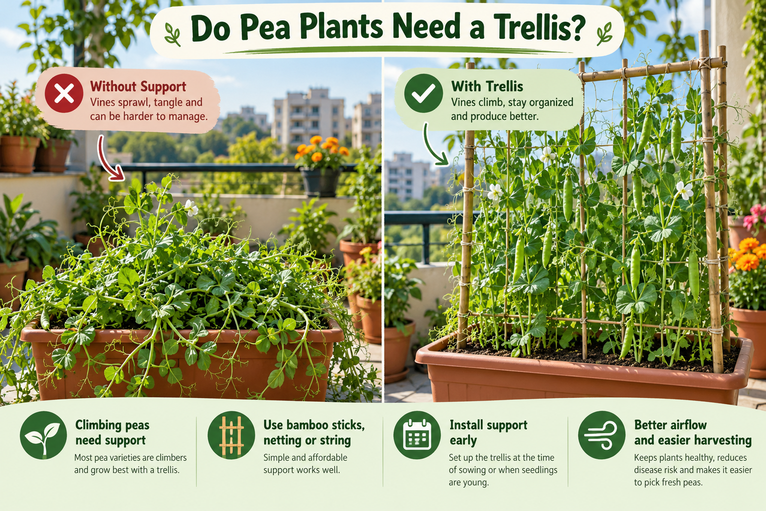 Green pea plants climbing a trellis in a home balcony garden