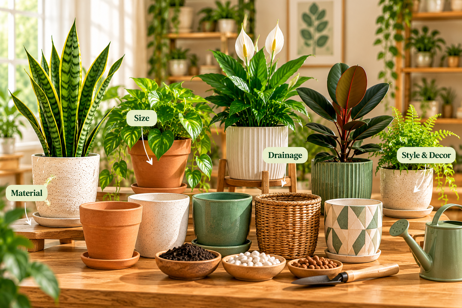Indoor plant pots and planters in different sizes and materials arranged in a home garden