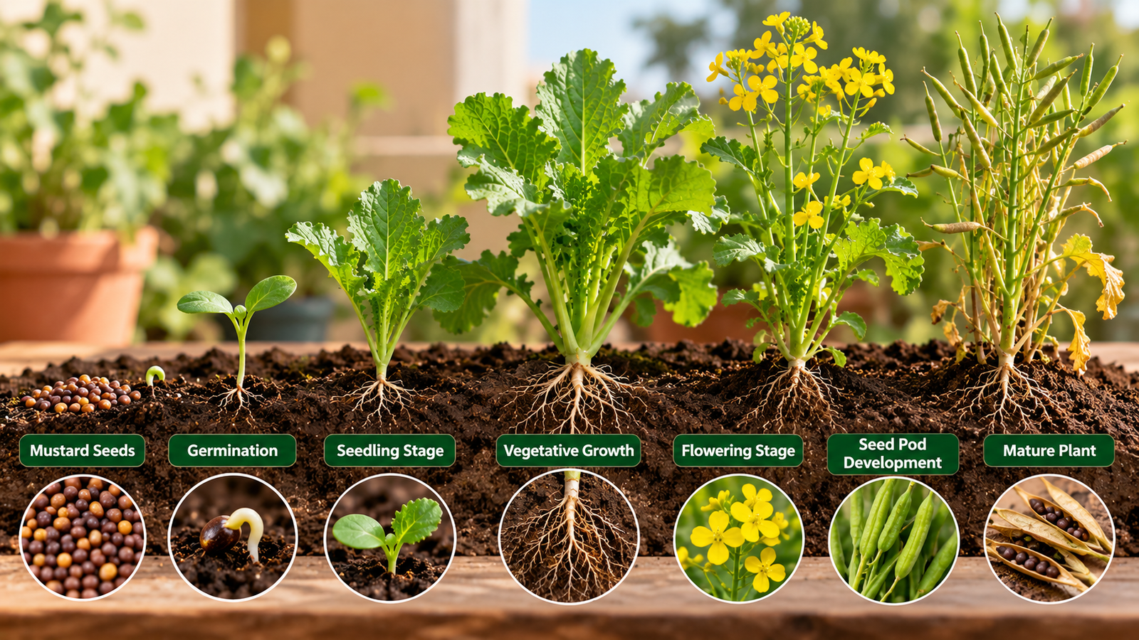 Mustard plant growth stages from seed germination to flowering and mature seed pods