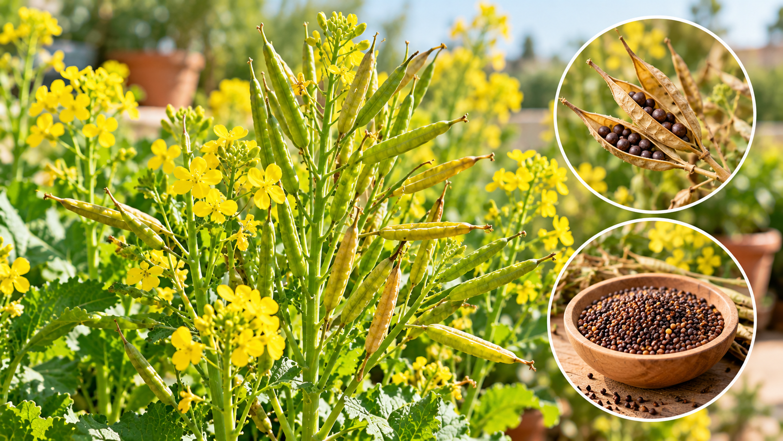 Mustard plant with seed pods and mature mustard seeds
