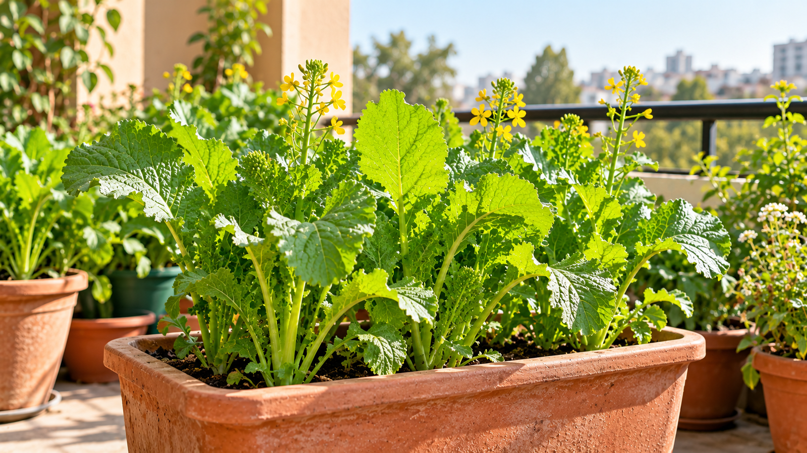 Mustard plants growing in pots in a sunny balcony garden