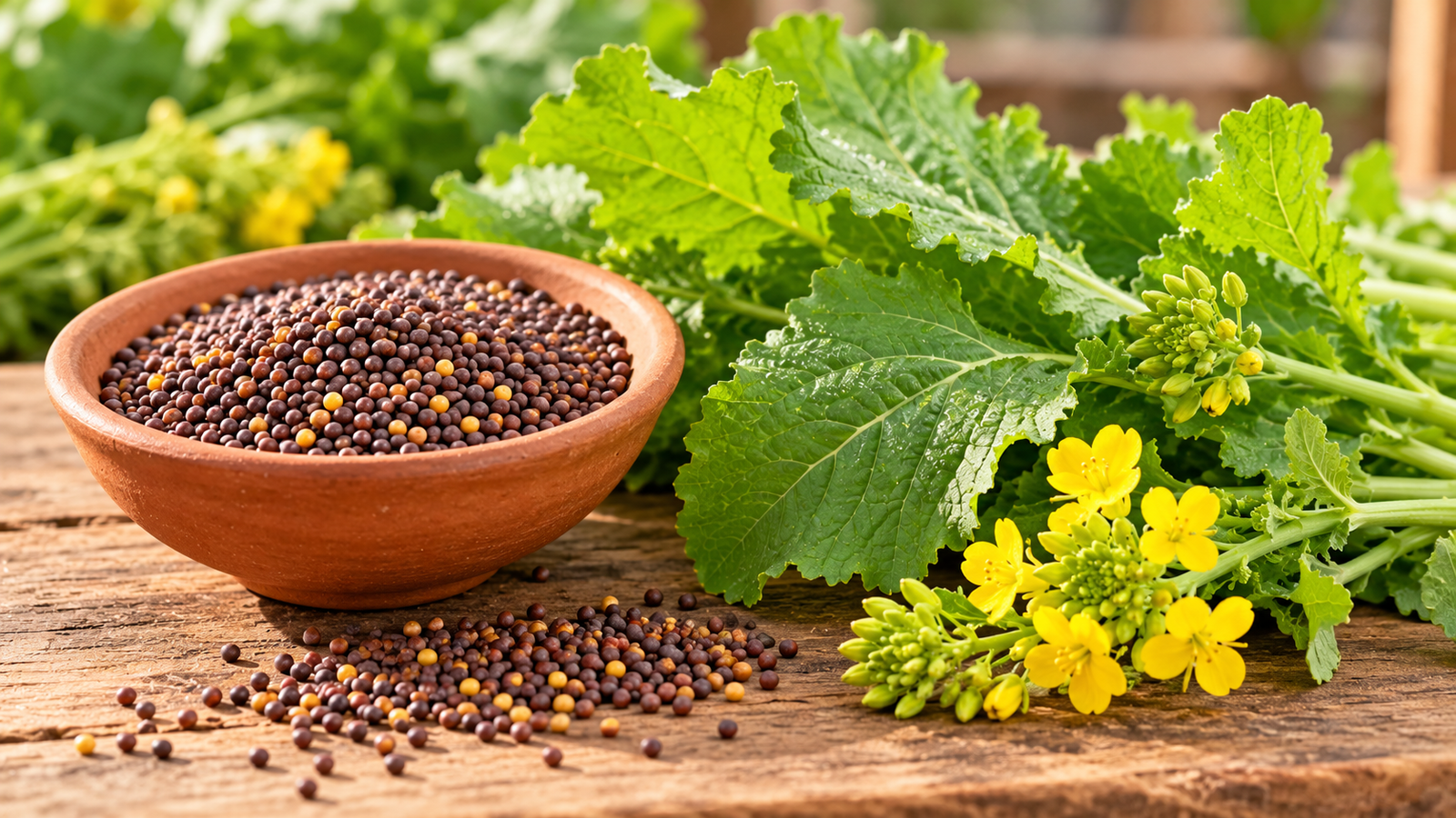 Mustard seeds and fresh green mustard leaves with yellow flowers