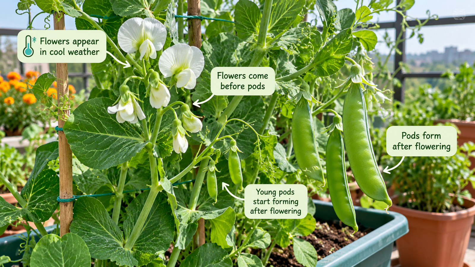Pea plant flowering and developing green pea pods