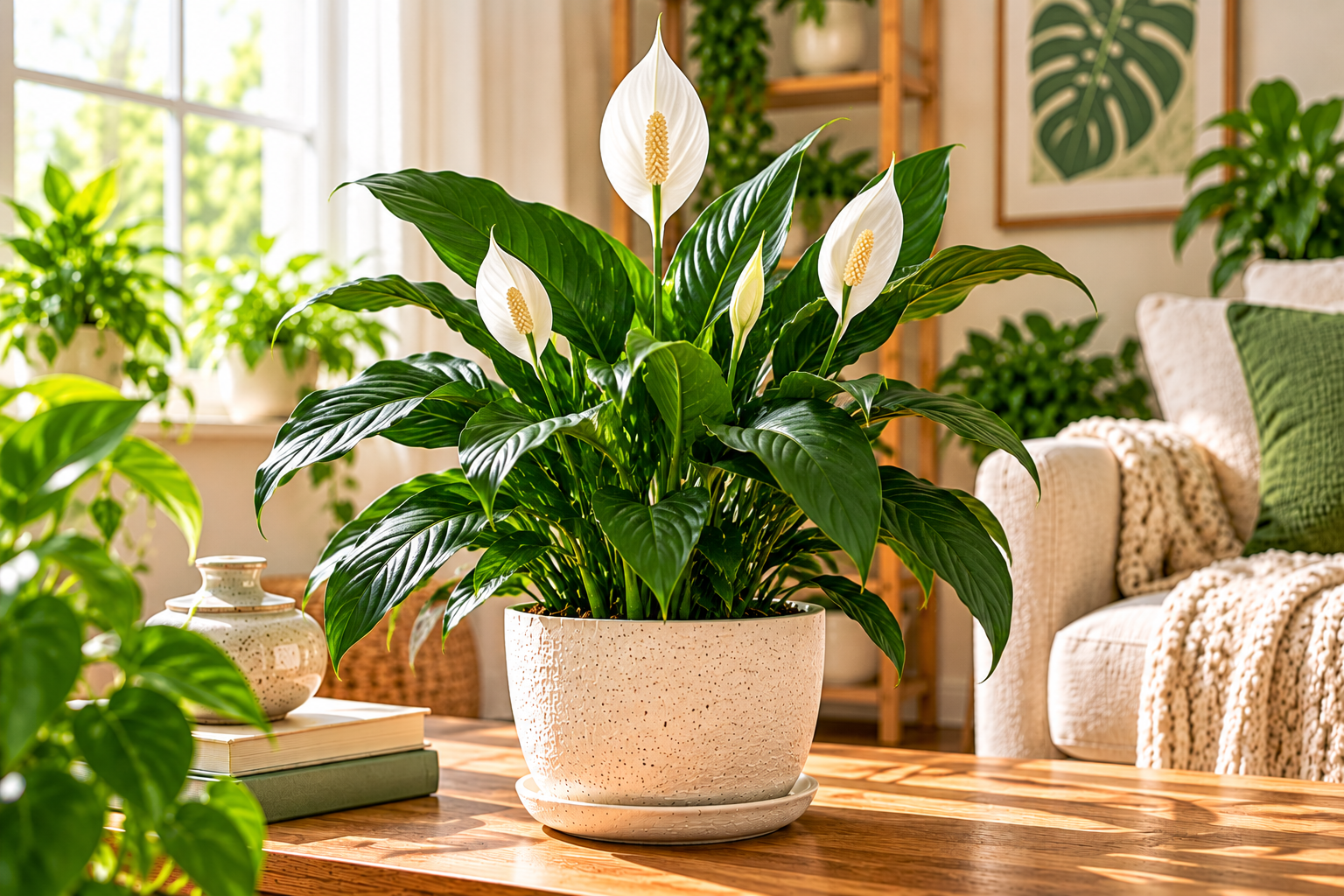 Peace lily with glossy green leaves and white blooms in a ceramic pot