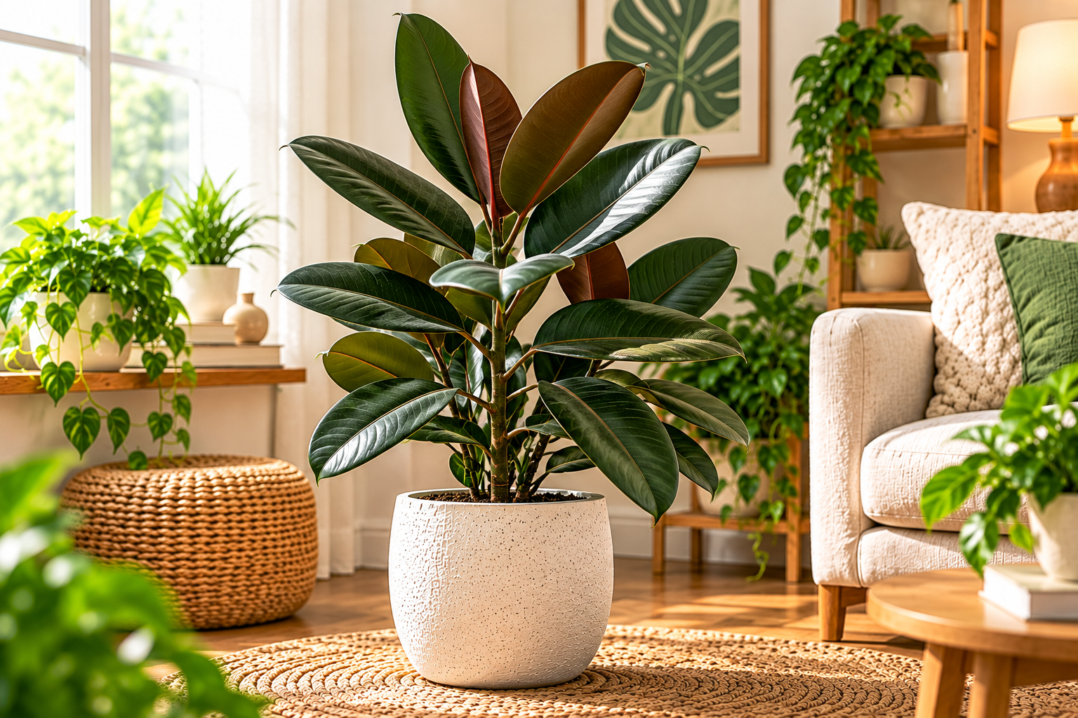 Rubber plant with broad glossy dark green leaves and reddish new growth in a ceramic pot