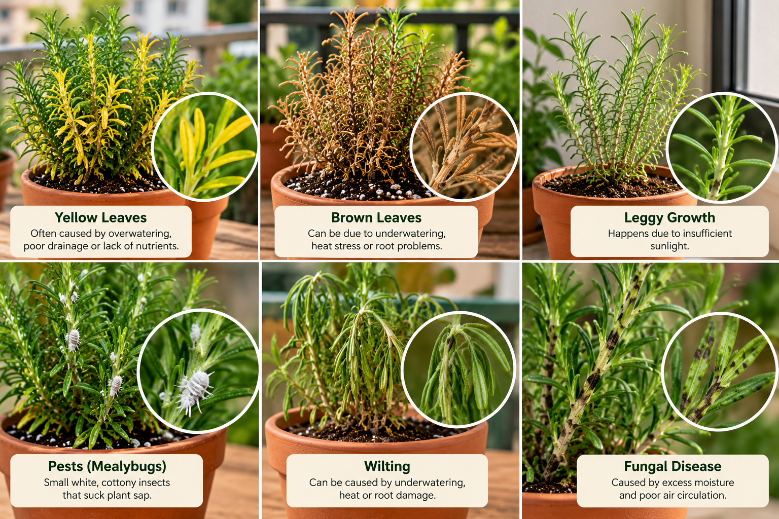 Rosemary plant showing brown leaves, a common sign of growing stress