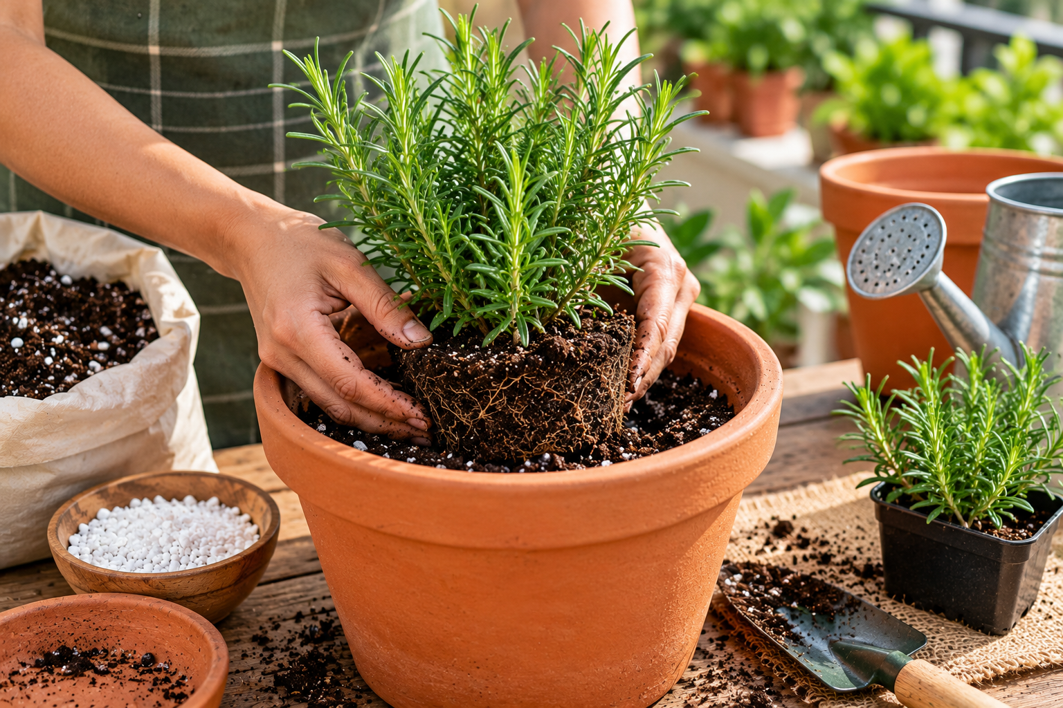 Planting a young rosemary plant in a pot with well-draining soil