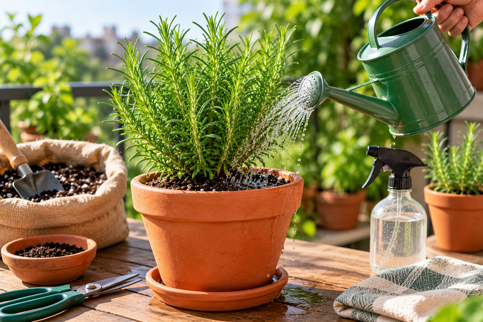 Watering a potted rosemary plant as part of its regular care routine