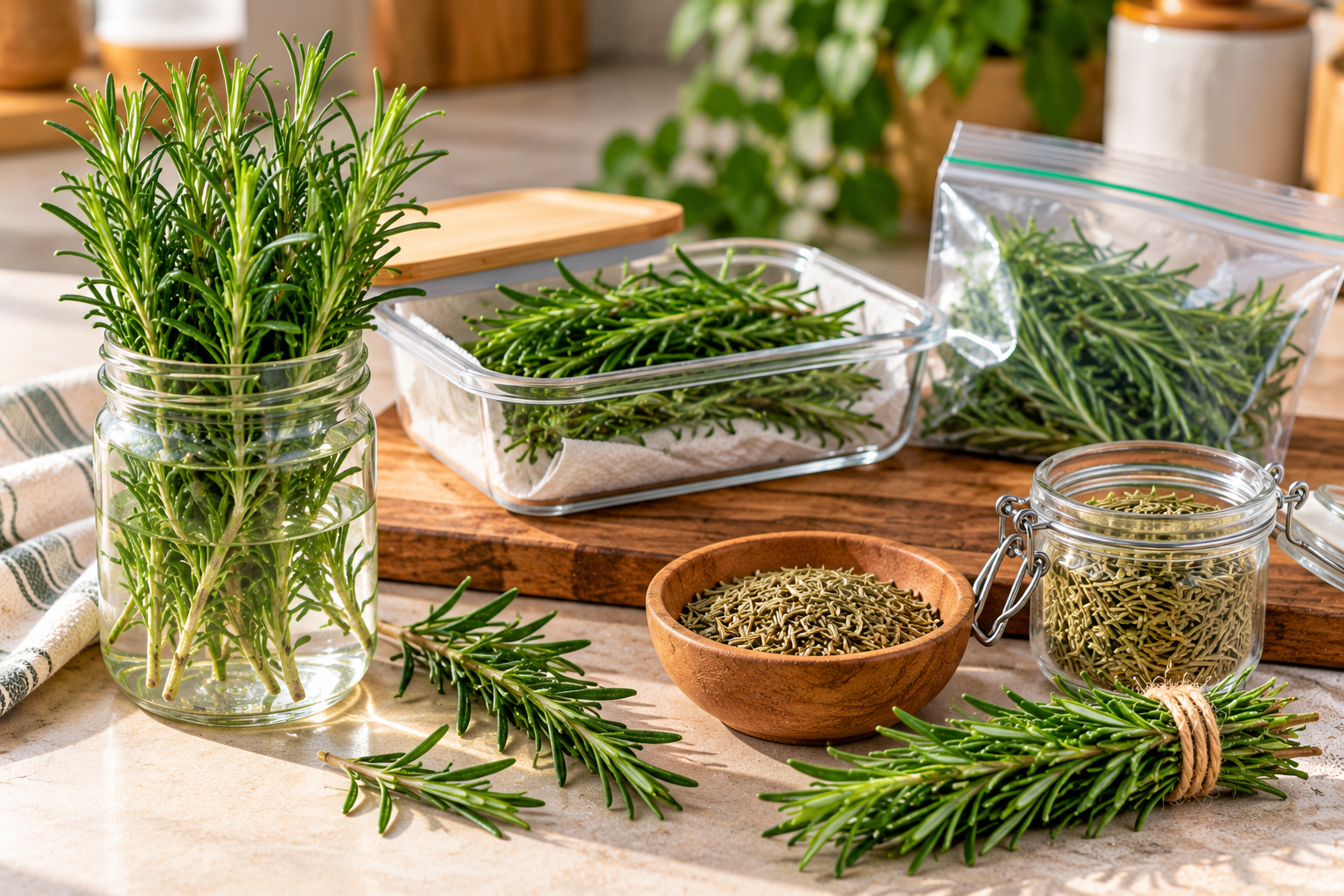 Fresh and dried rosemary leaves stored for later use