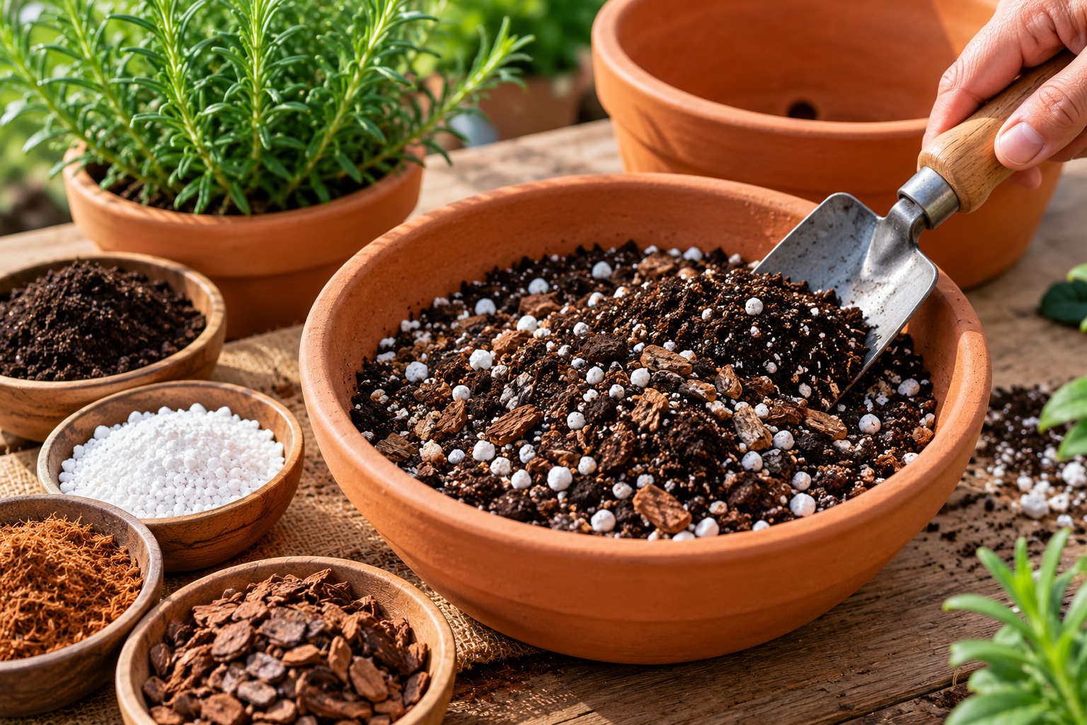 Well-draining soil mix prepared for planting rosemary in a pot