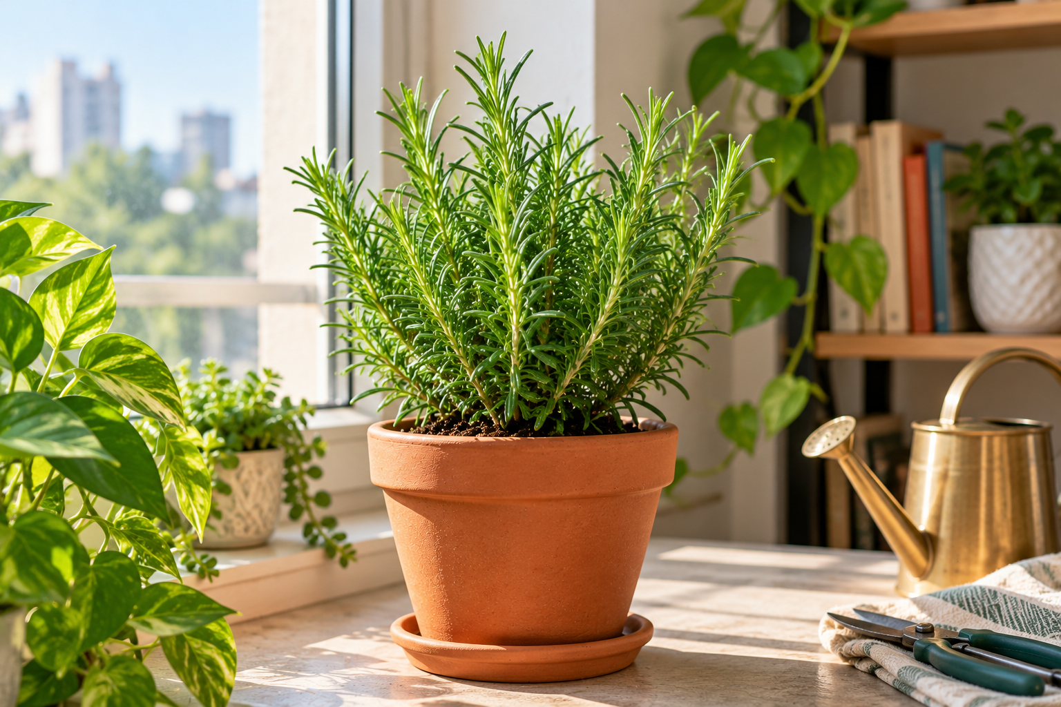 Rosemary plant growing indoors near a sunny window