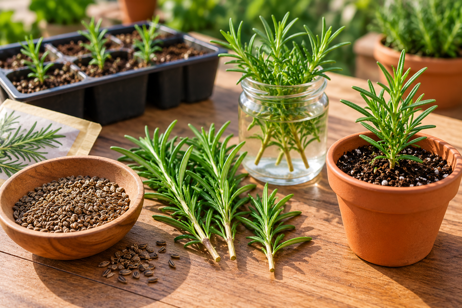 Rosemary seeds and stem cuttings for growing a rosemary plant at home