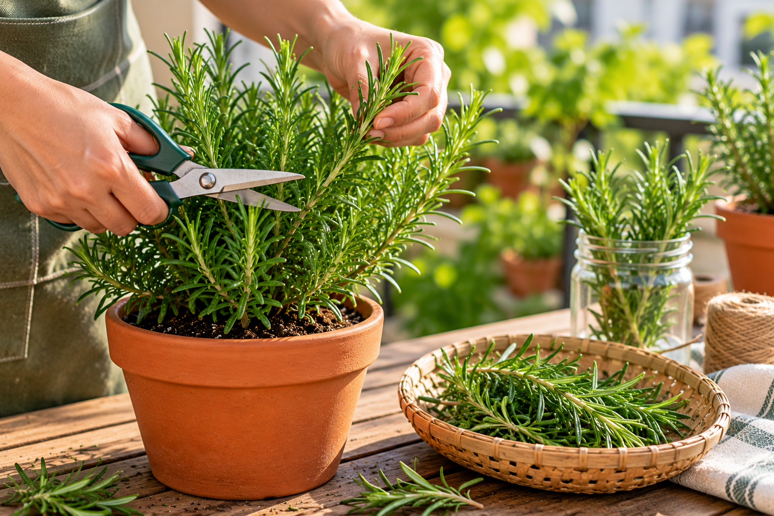 Pruning a rosemary plant and cutting fresh sprigs for harvesting
