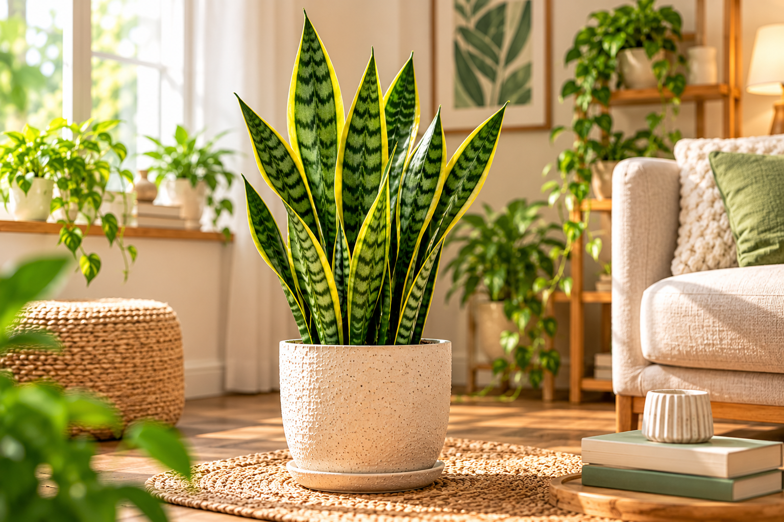 Snake plant with upright green and yellow striped leaves in a decorative pot