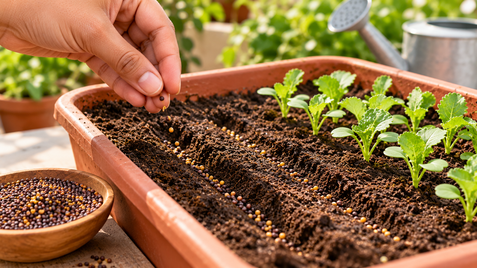 Sowing mustard seeds in a planter filled with moist soil