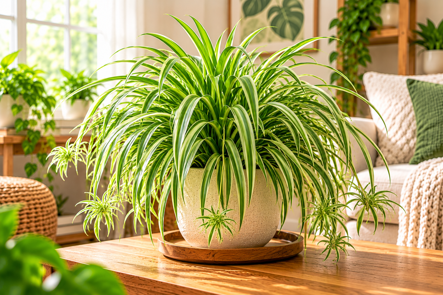 Spider plant with arching green and white striped leaves in a decorative indoor pot
