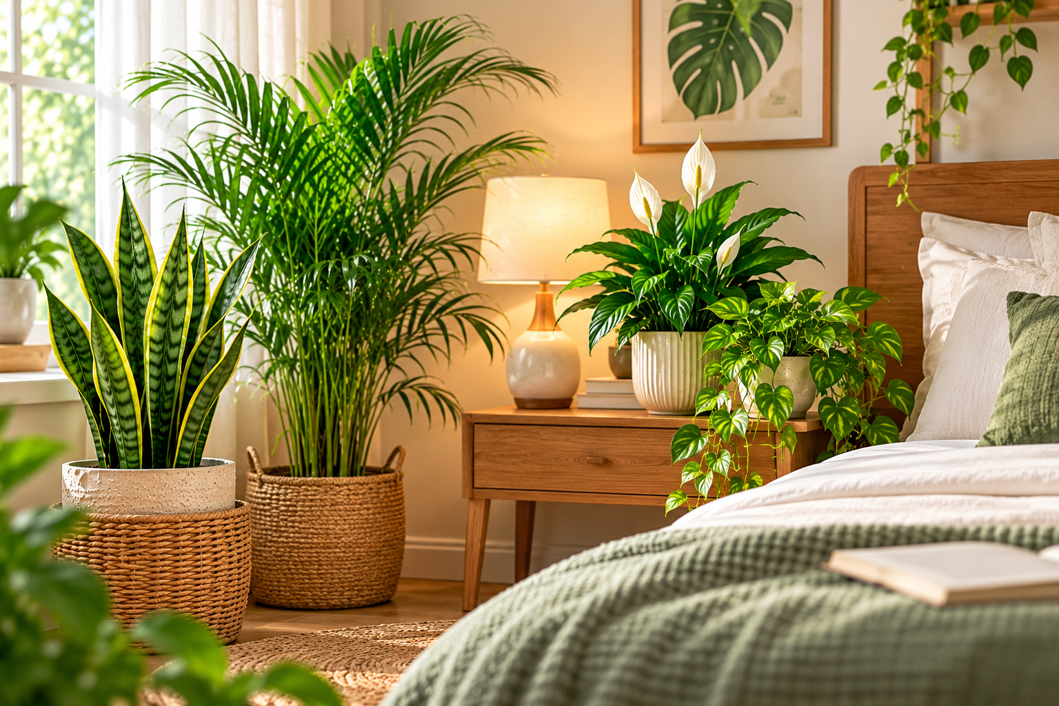 Bedroom decorated with a snake plant, spider plant and other indoor greenery