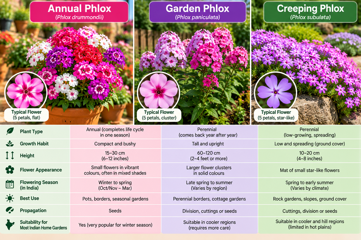 Comparison of annual phlox (Phlox drummondii), garden phlox (Phlox paniculata) and creeping phlox (Phlox subulata), showing flower types, plant height, growth habits and flowering seasons